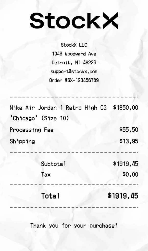 StockX receipt example