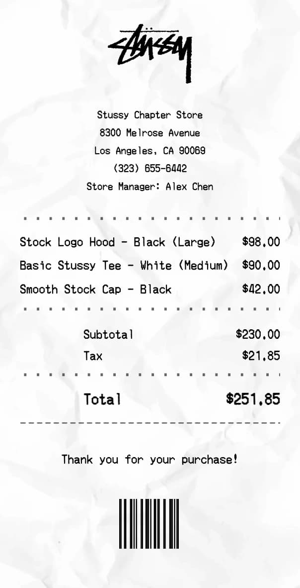 Stüssy receipt example