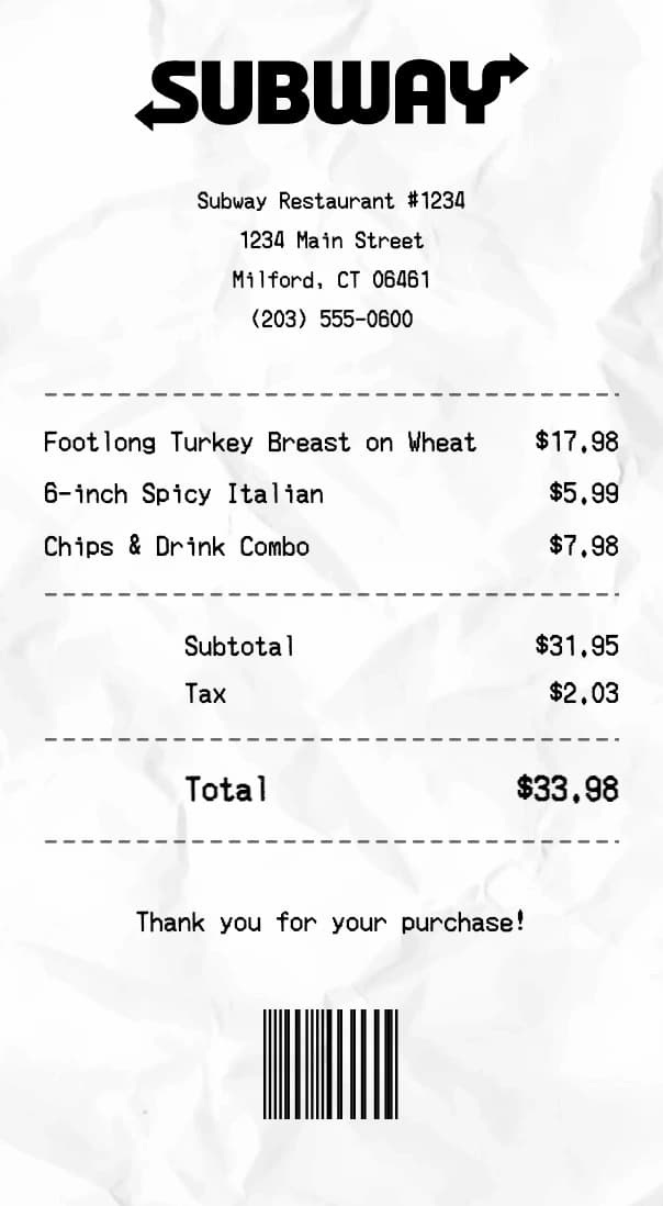 Subway receipt example