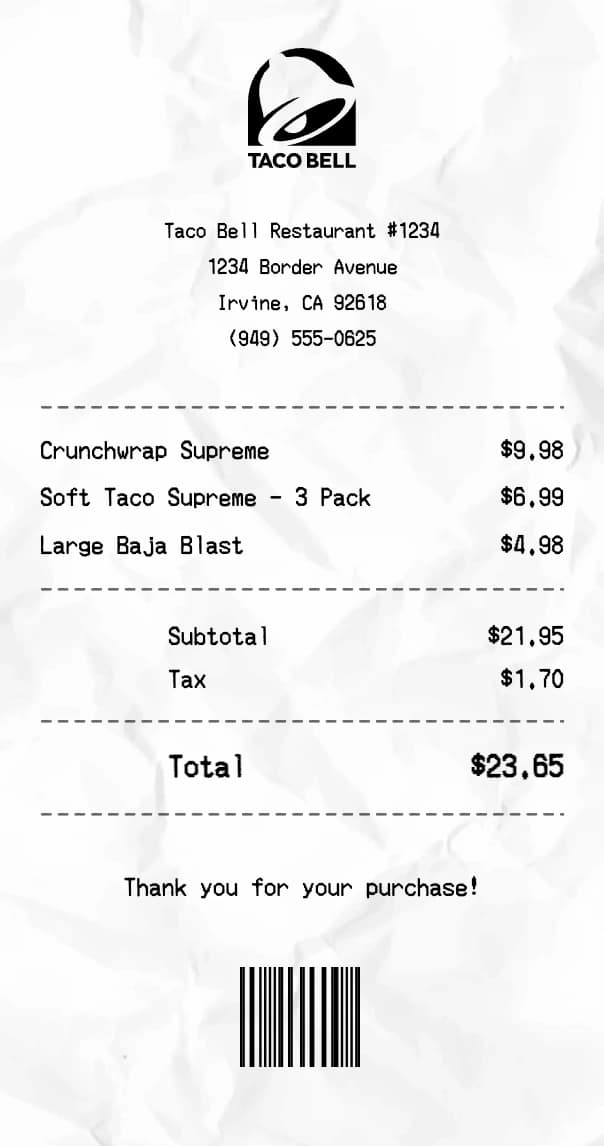 Taco Bell receipt example