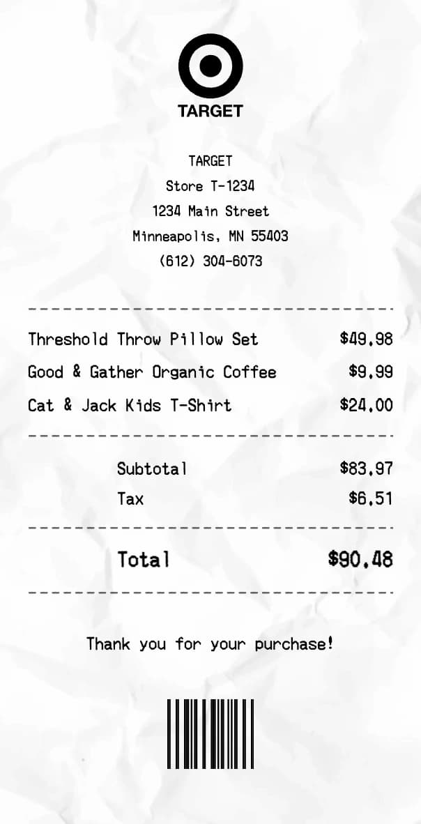 Target receipt example