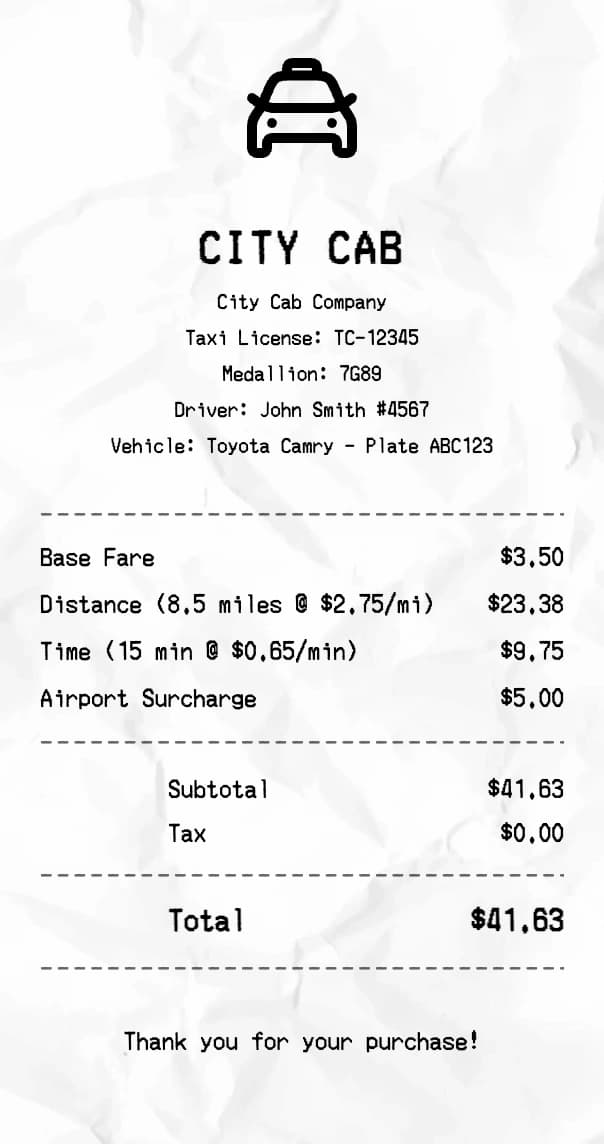 Taxi receipt example