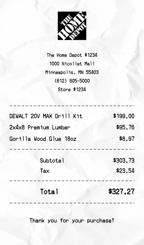 The Home Depot receipt example