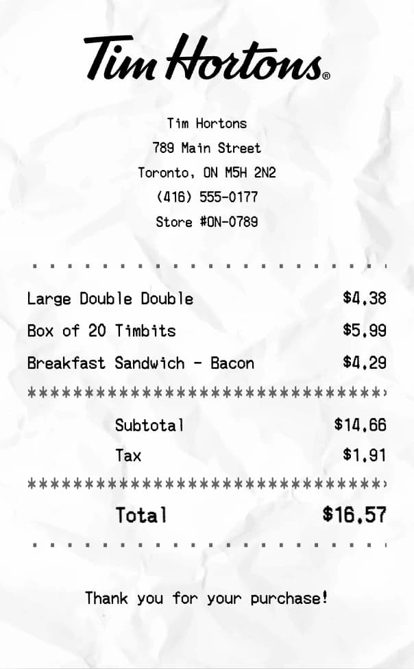 Tim Hortons receipt example