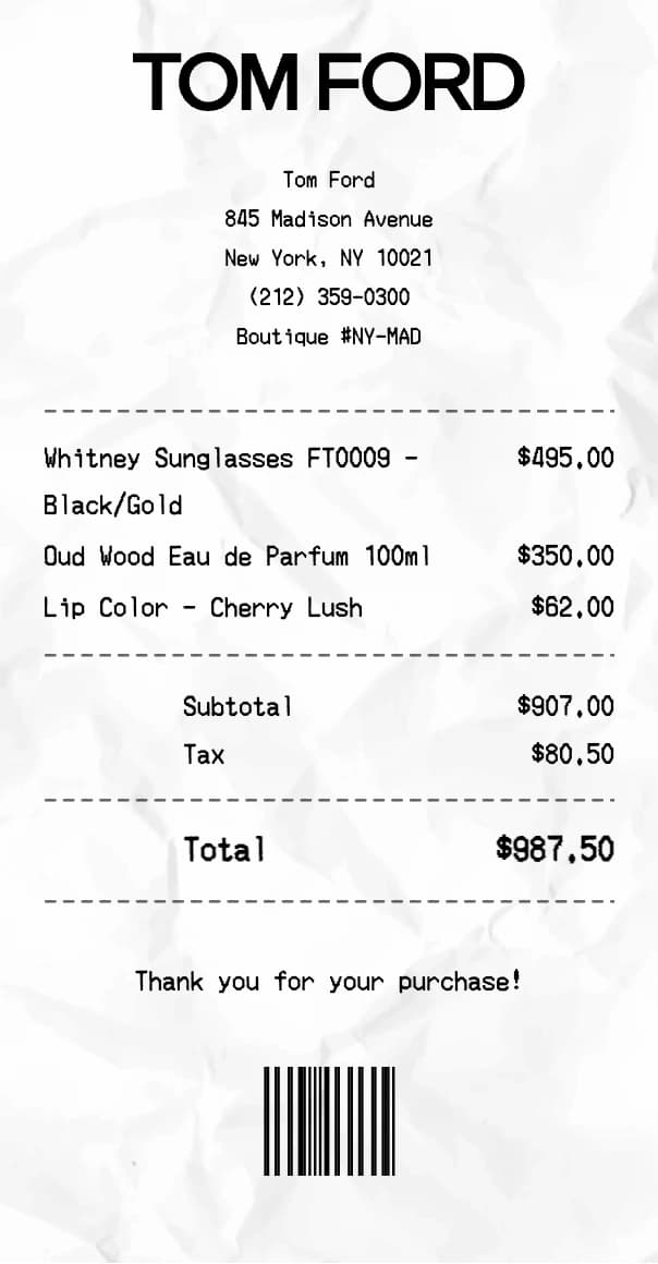 Tom Ford receipt example