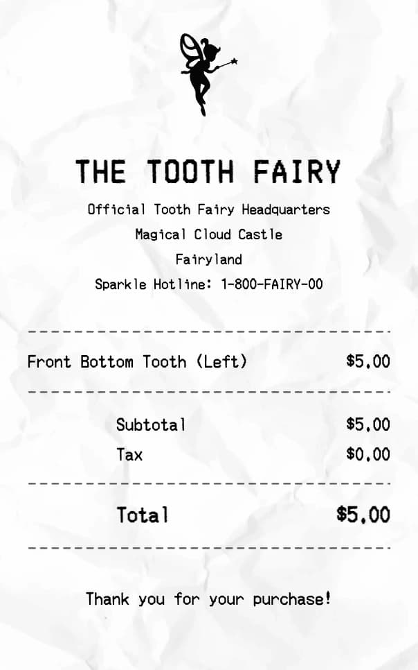 Tooth Fairy receipt example