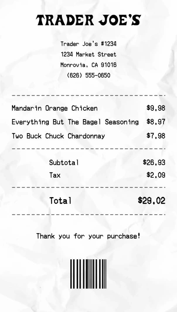 Trader Joe's receipt example