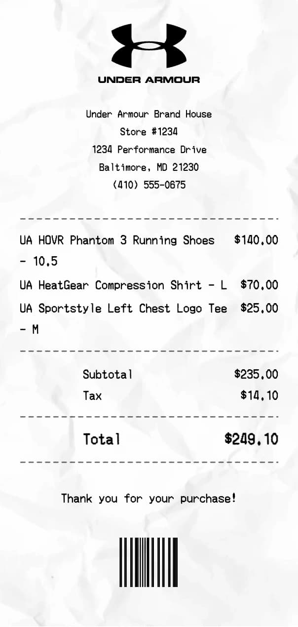 Under Armour receipt example
