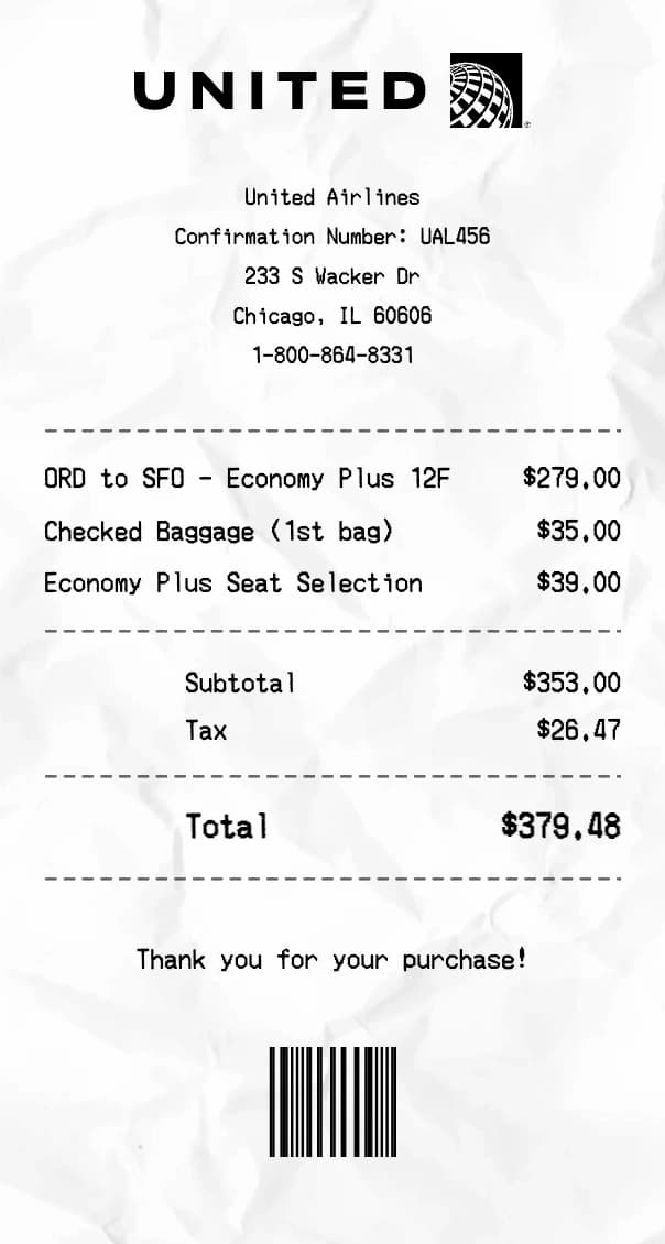 United Airlines receipt example