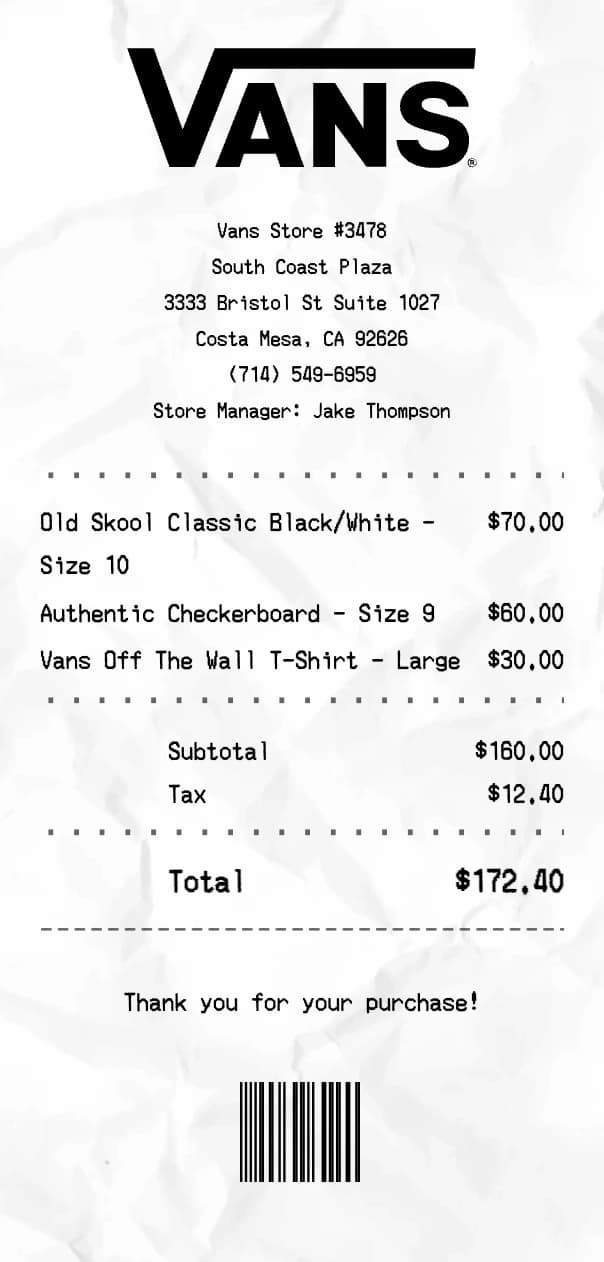 Vans receipt example