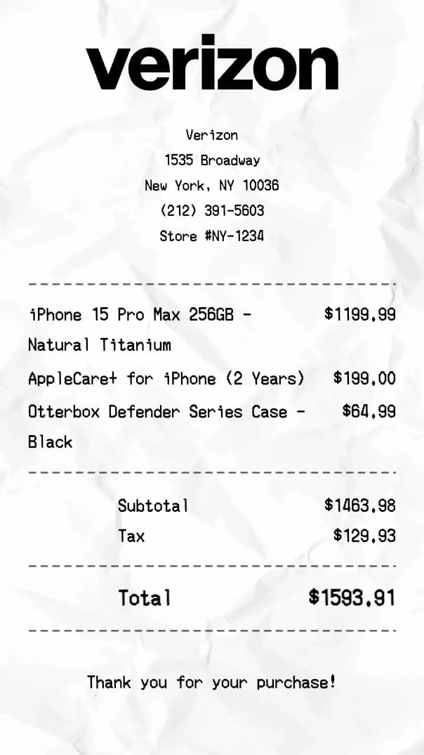 Verizon receipt example