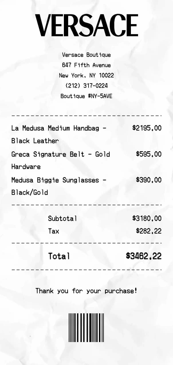 Versace receipt example