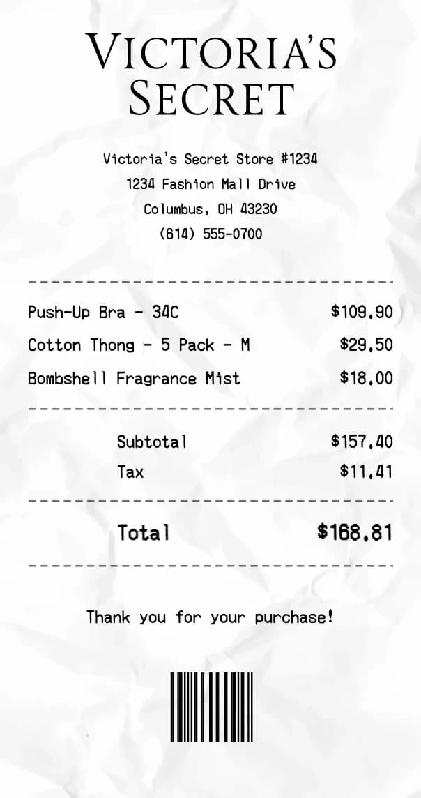Victoria's Secret receipt example