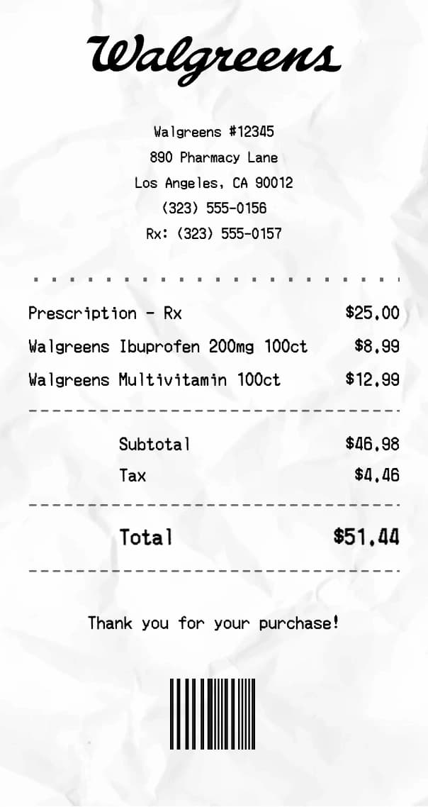 Walgreens receipt example