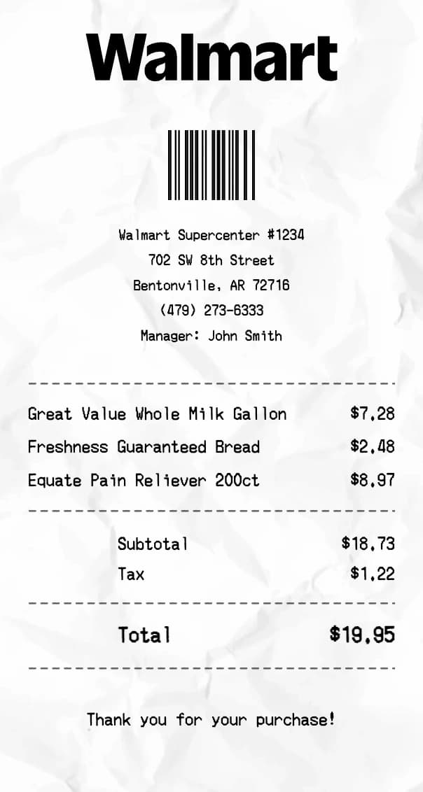 Walmart receipt example