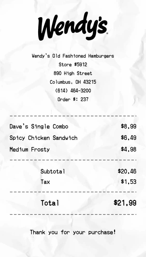 Wendy's receipt example