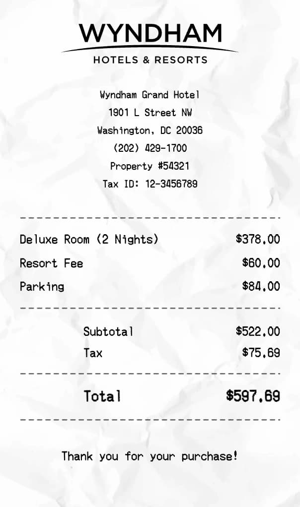 Wyndham receipt example
