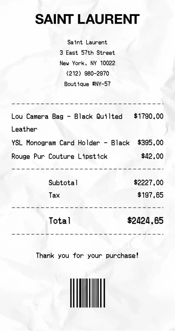 Yves Saint Laurent receipt example