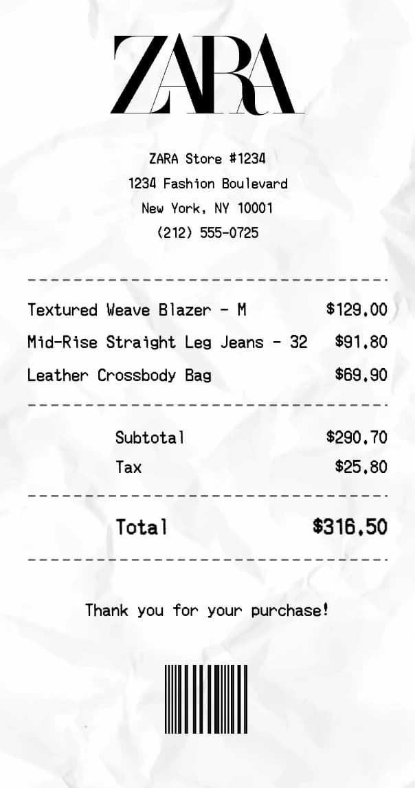 Zara receipt example