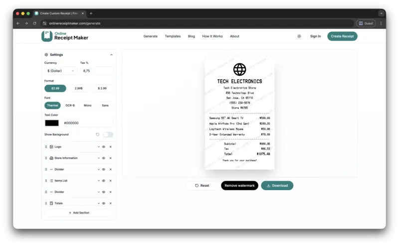 Online Receipt Maker Interface