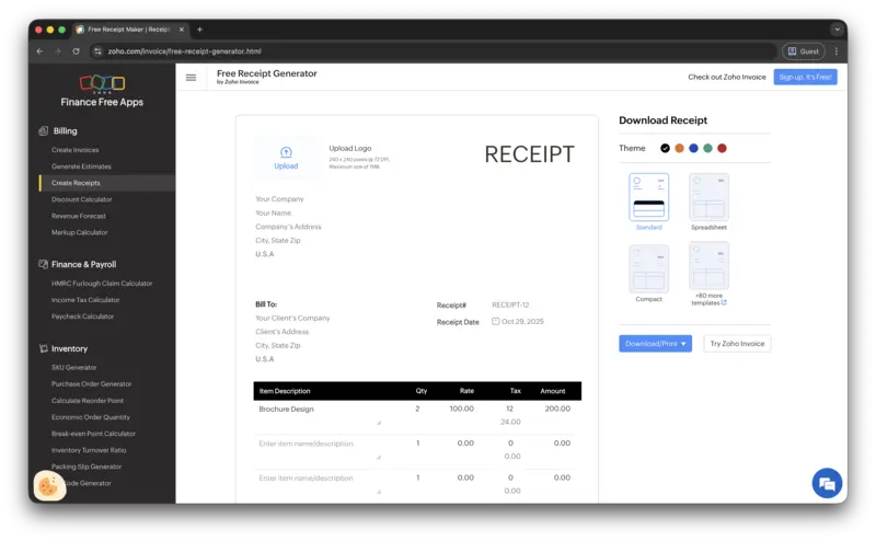 Zoho Invoice Interface