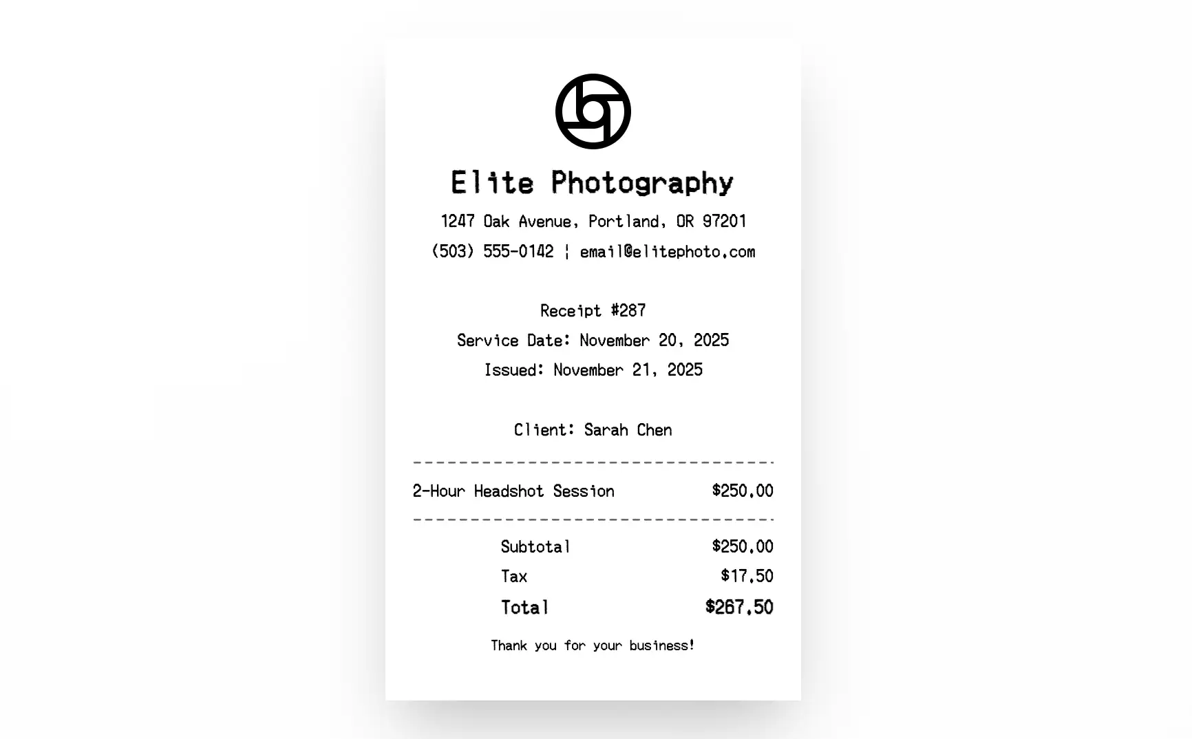 Professional Service Receipt Example
